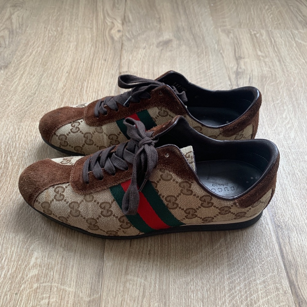 Gucci Brown GG Canvas & Suede Web Stripe Sneakers
